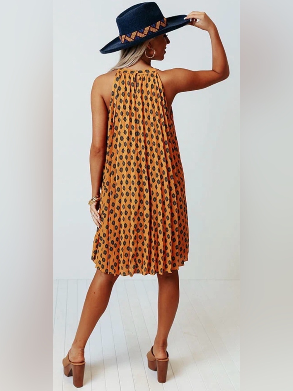 Anthropologie THML Copper/Teal Sleeveless Pleated Swing Dress, Size M, EUC
